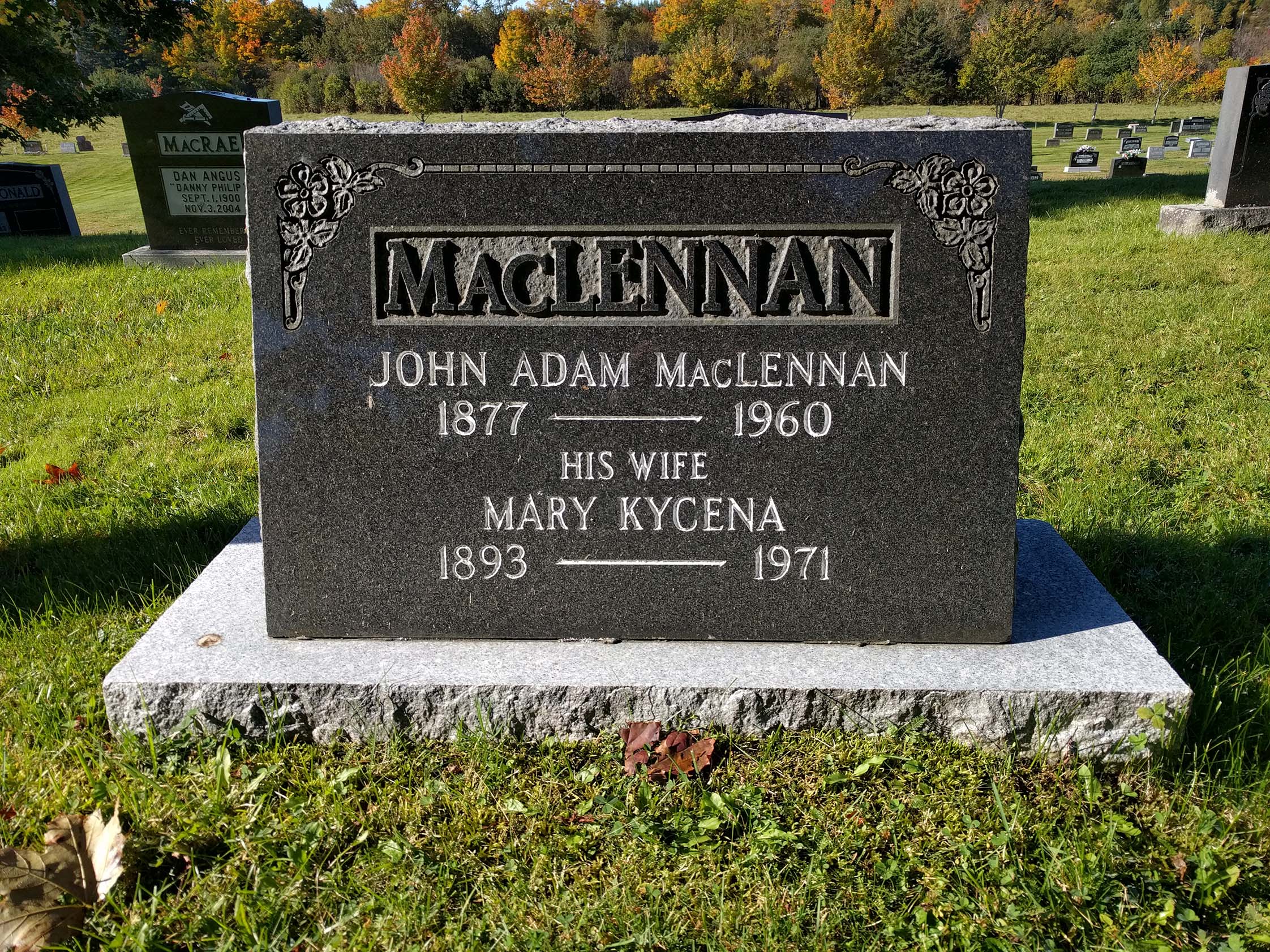 Photo of headstones/John Adam MacLennan d1960 hdstn Middle River cem CB